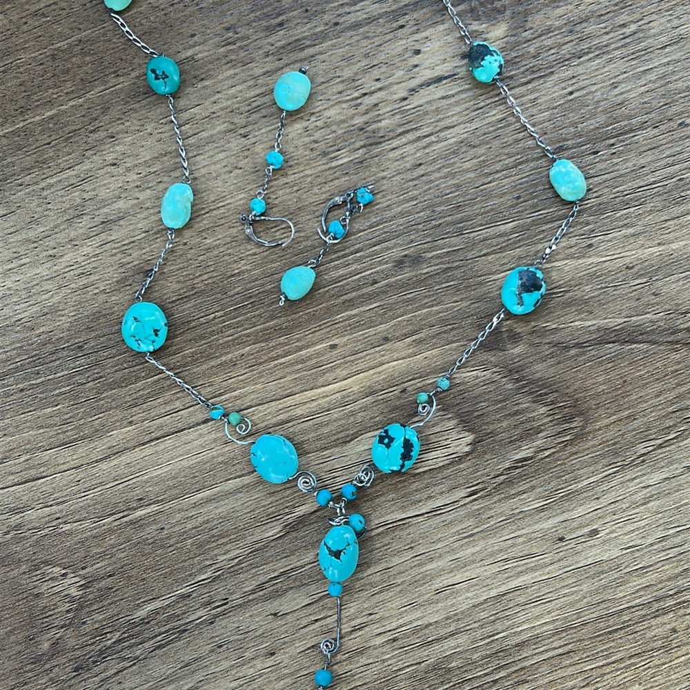 Boho Vintage silver turquoise statement 
Y necklace and earrings. - Picture 6 of 10